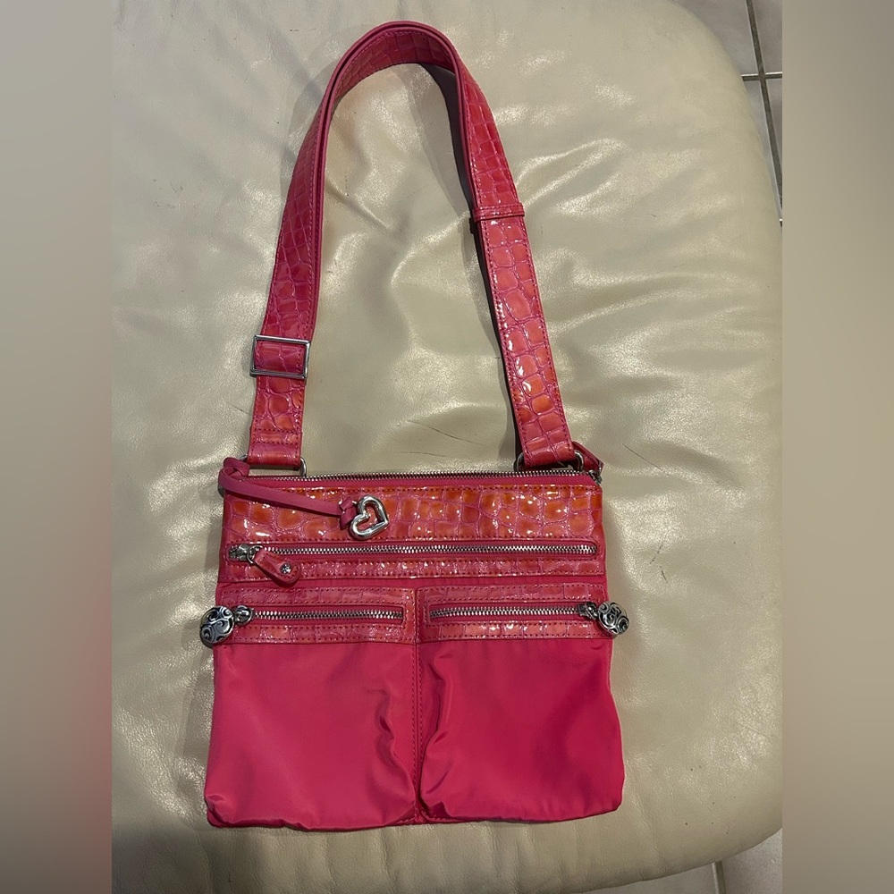 Brighton Pink Croc Embossed Nylon Shoulder Bag Y2K Barbiecore Heart Charm